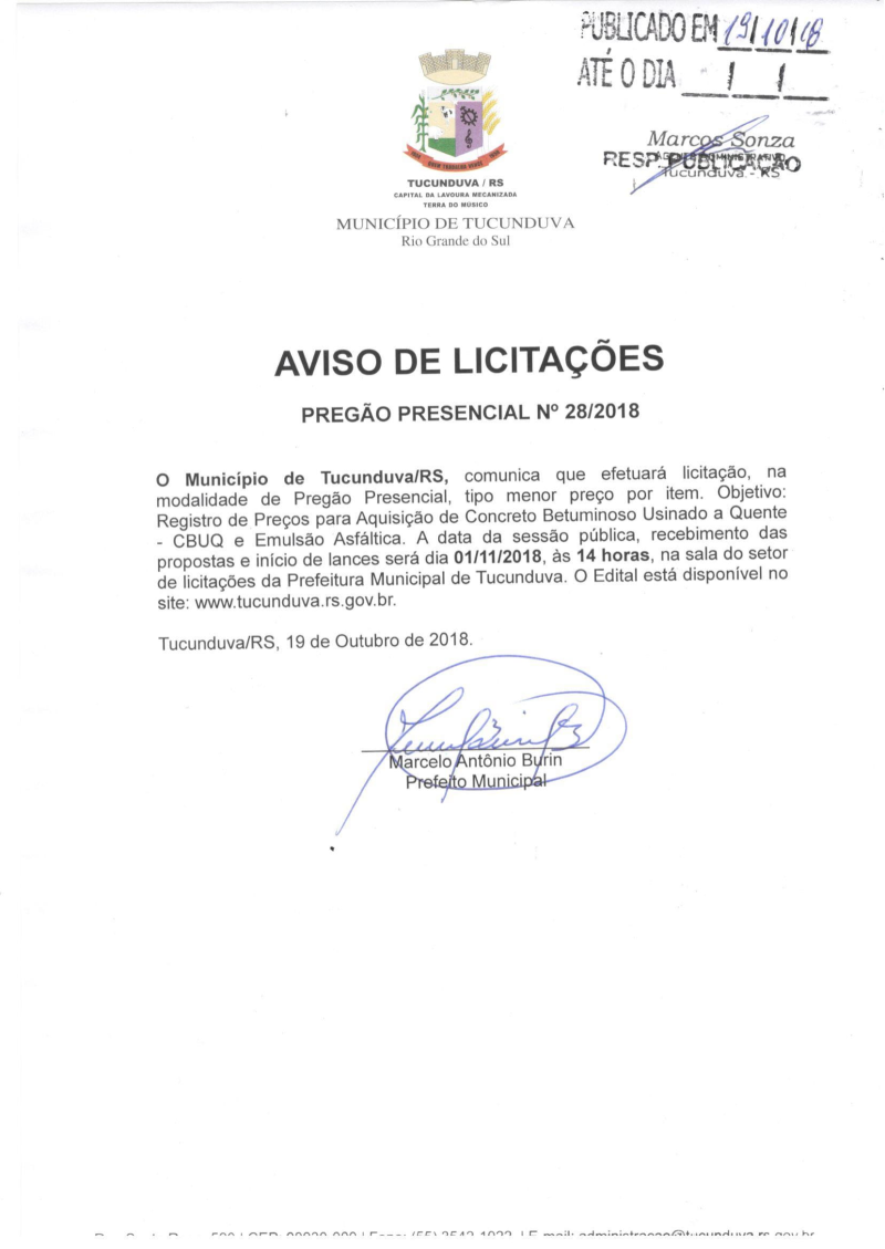 PREGÃO PRESENCIAL 28/2018 - REGISTRO DE PREÇOS PARA AQUISIÇÃO DE CBUQ E EMULSÃO ASFÁLTICA